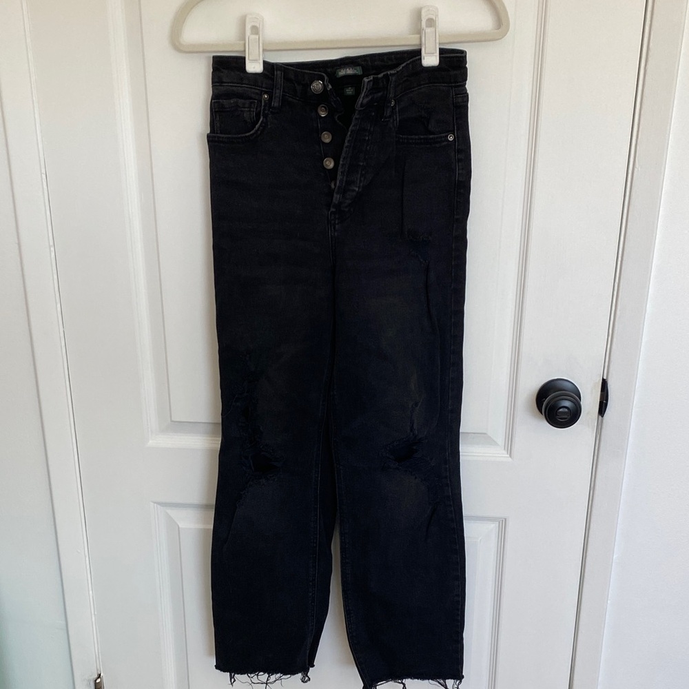 Black High-Waist Button-Fly Distressed Jeans